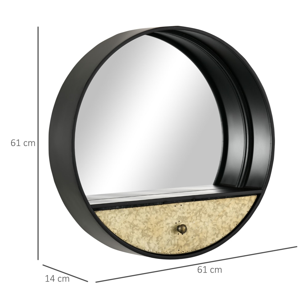 Specchio da parete rotondo da ø61cm con cassetto e cornice nero -
