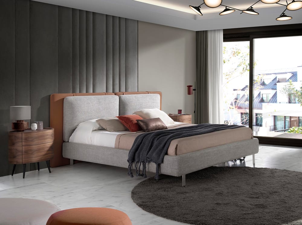 Lit en tissu et similcuir gris et acier - Maisons du Monde