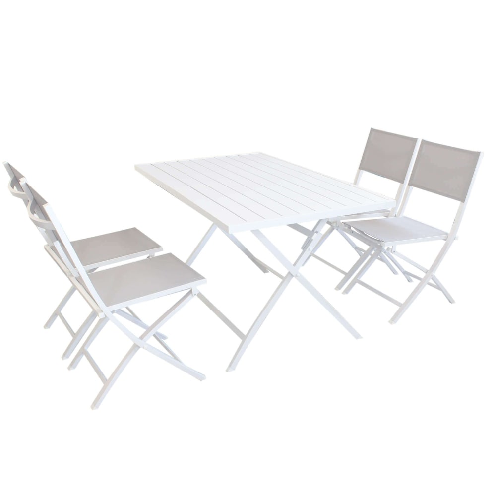 Set tavolo e 4 sedie in alluminio/textilene bianco/grigio