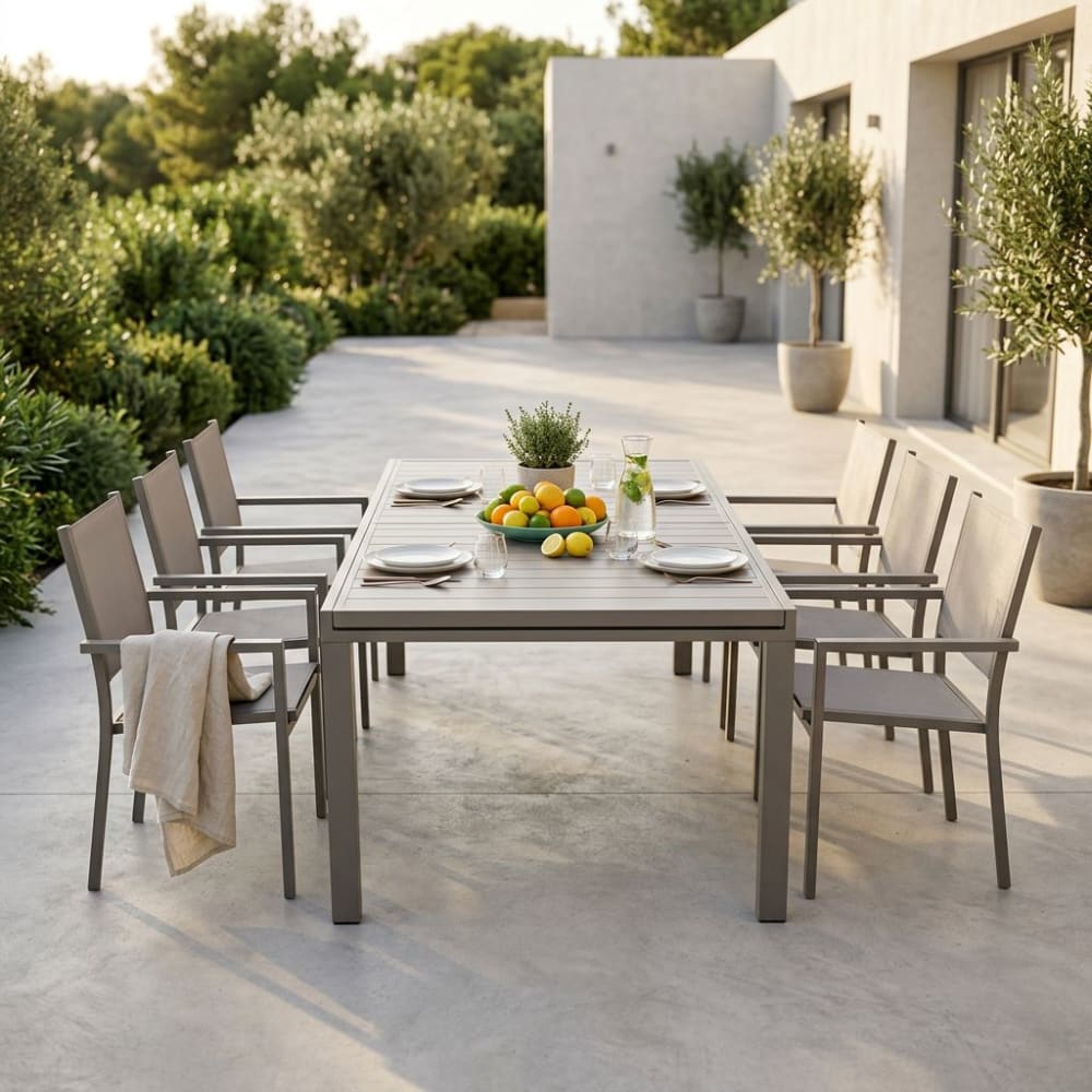 Set tavolo con 6 poltrone in alluminio/textilene taupe 100x300x75