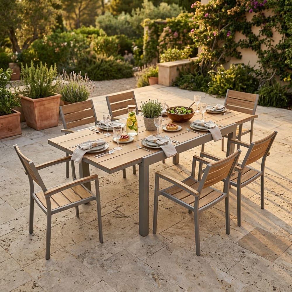 Set tavolo e sedie con 6 sedute in alluminio/polywood taupe