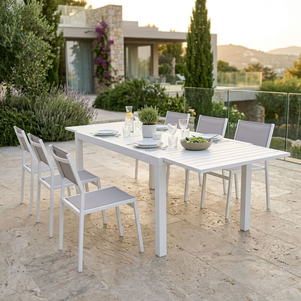 Set tavolo con 6 sedie in alluminio/textilene bianco 90x240x75 -