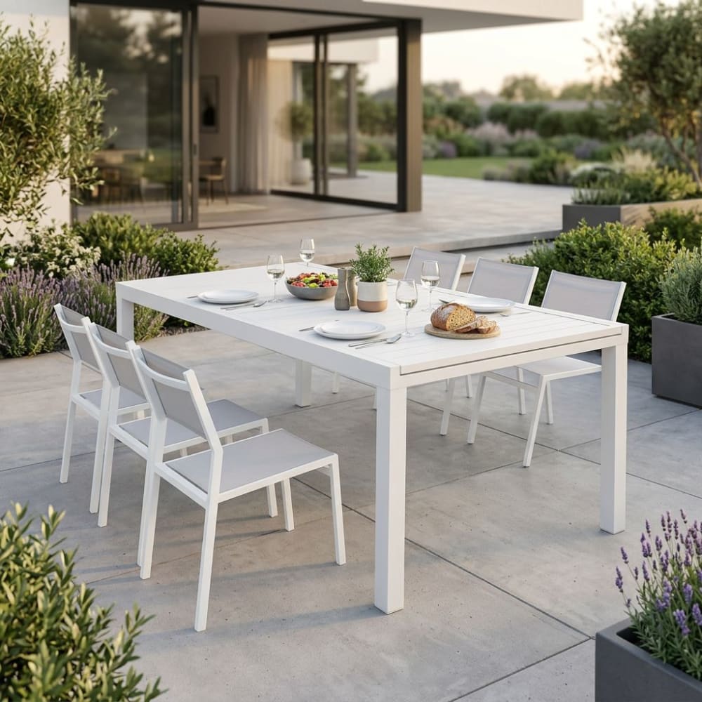 Set tavolo con 6 sedie in alluminio/textilene bianco 100x300x74 -