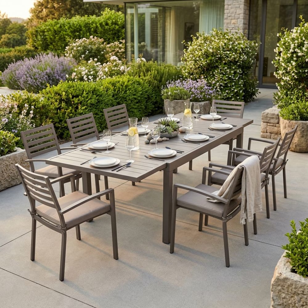 Set tavolo con 8 poltrone in alluminio taupe 100x300x75 - Milani