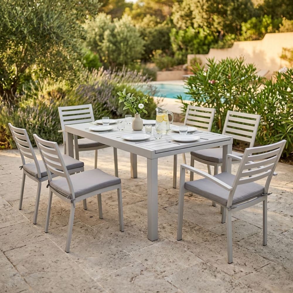 Set tavolo con 4 sedie e 2 poltrone in alluminio tortora