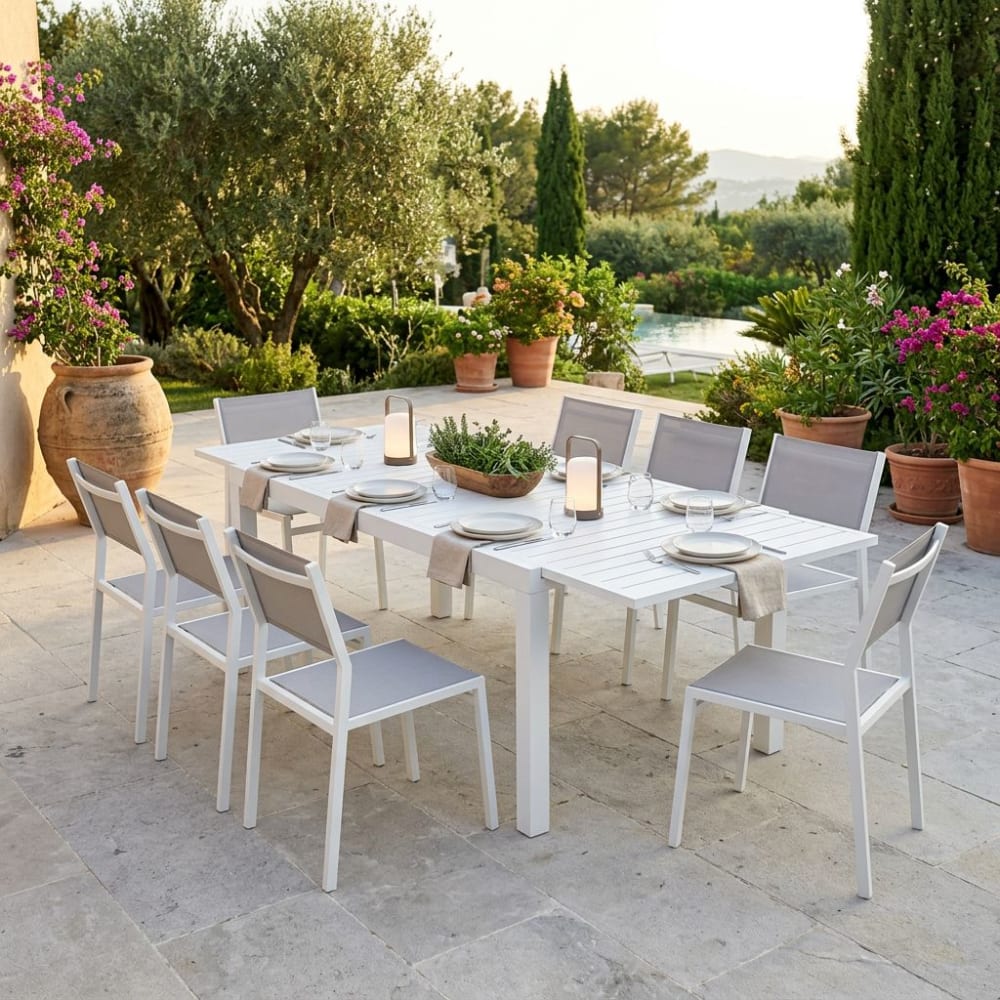 Set tavolo con 8 sedie in alluminio/textilene bianco 90x240x75 -