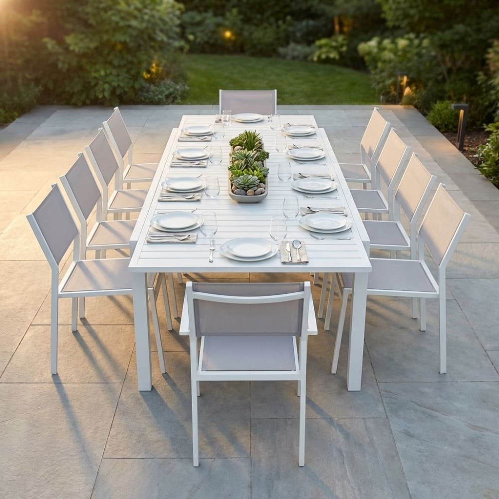 Set tavolo con 10 sedie in alluminio/textilene bianco 100x300x74