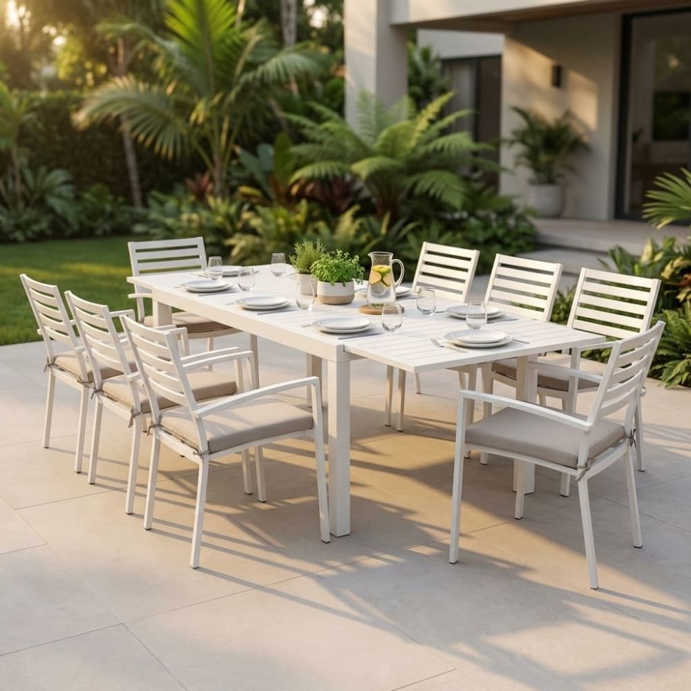 Set tavolo con 8 poltrone in alluminio tortora 100x300x75 -