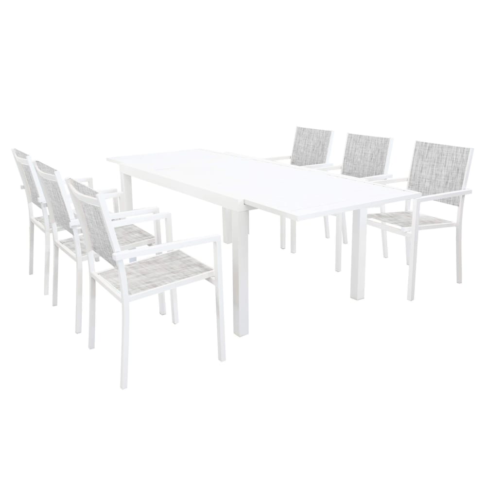 Set tavolo con 6 poltrone in alluminio/textilene bianco 90x240x75