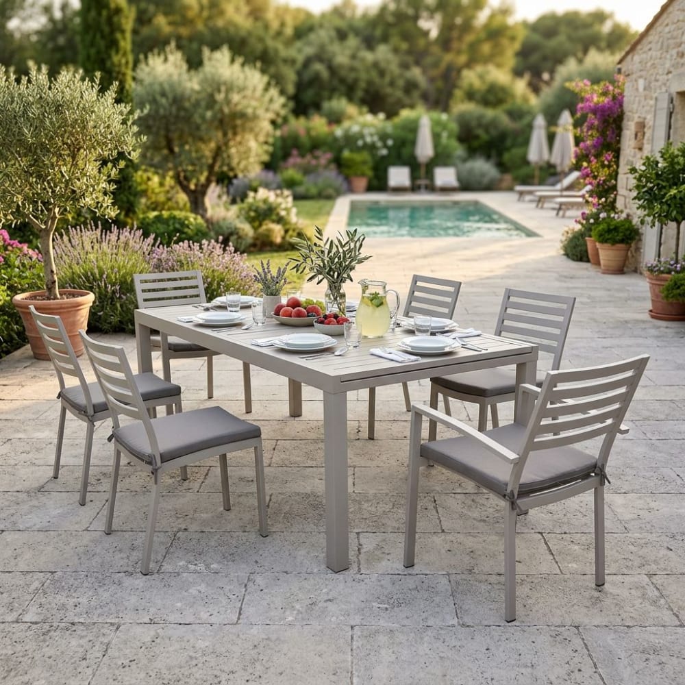Set tavolo con 4 sedie e 2 poltrone in alluminio tortora