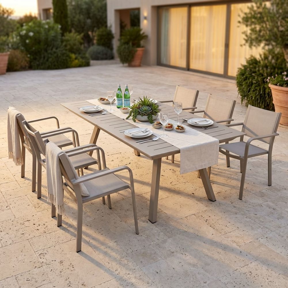 Set tavolo con 6 poltrone in alluminio/textilene tortora