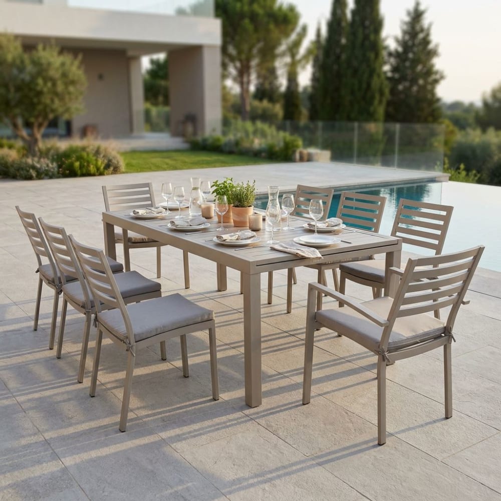 Set tavolo con 6 sedie e 2 poltrone in alluminio tortora