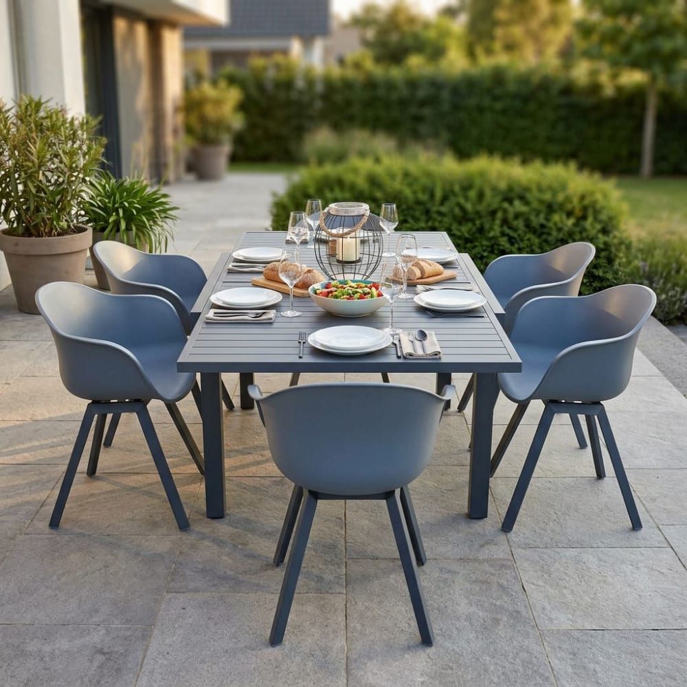 Set tavolo e sedie con 6 sedute in alluminio antracite 90x270x75