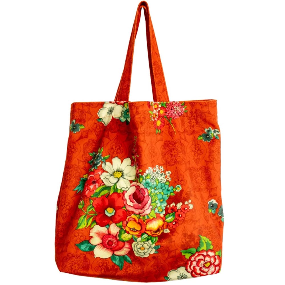 Tote bag en velours imprimé fleuri orange 45x40 cm