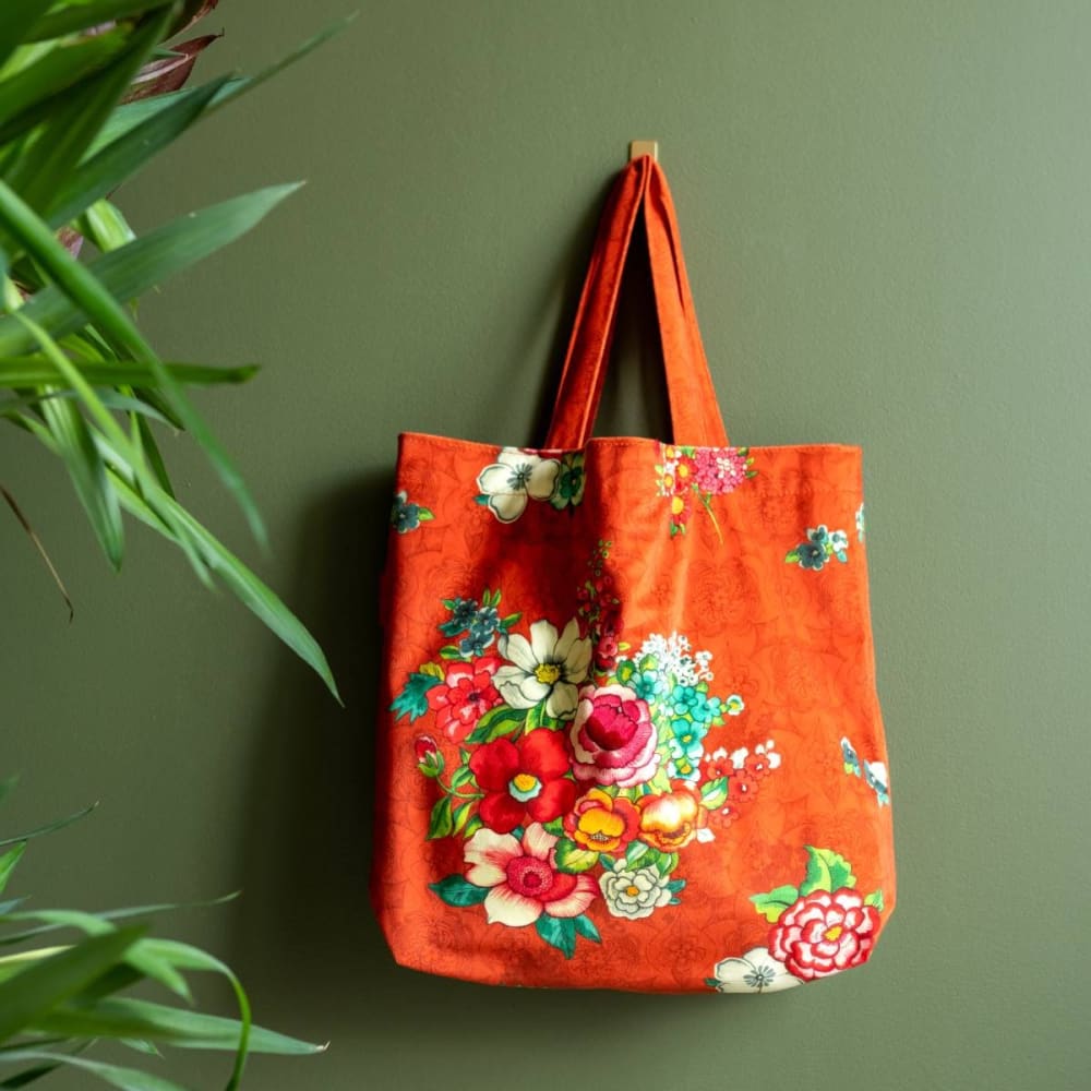 Tote bag en velours imprimé, 40x45cm, motif fleuri orange - Maisons du Monde