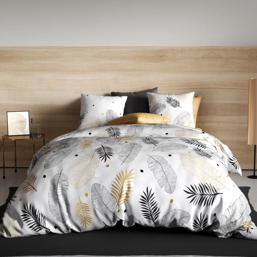 Atelier du coton Parure de couette 100% coton 57 fils imprimée 240x220cm 2 taies style classique chic Gris