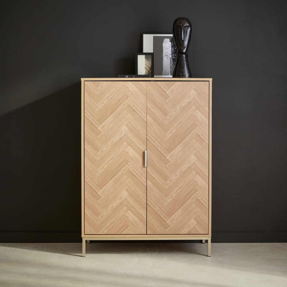 Cómoda con efecto madera y espiga de 2 puertas, 80cm, natural