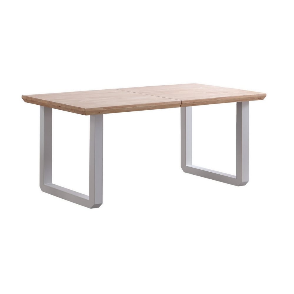 mesa extensible de madera clara y acero blanco