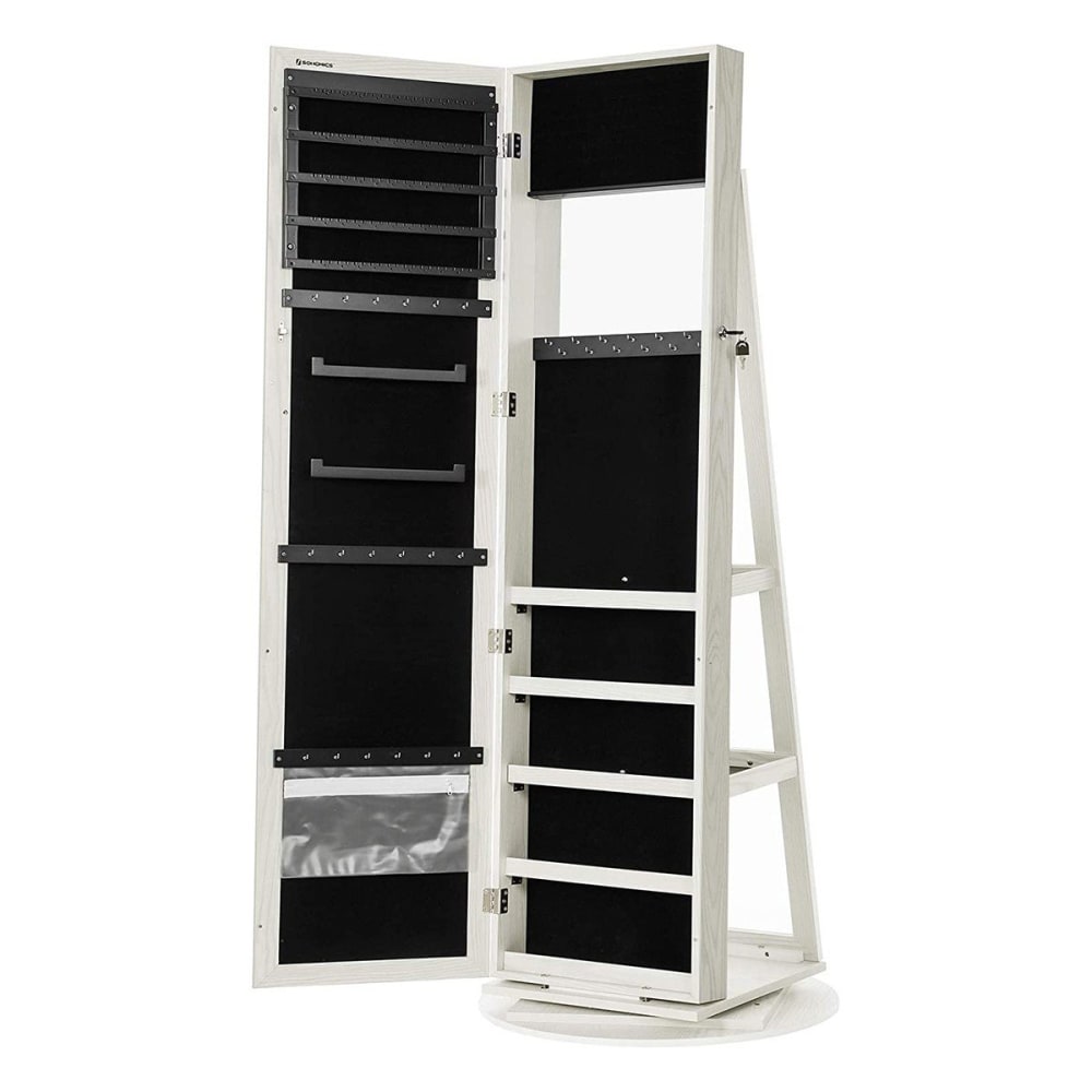 Armoire à bijoux pivotante avec miroir et étagères - H160 cm - Blanc