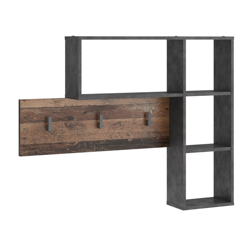 Porte-Manteau Mural 3 Crochets 4 Niches - Aspect Chêne Vintage