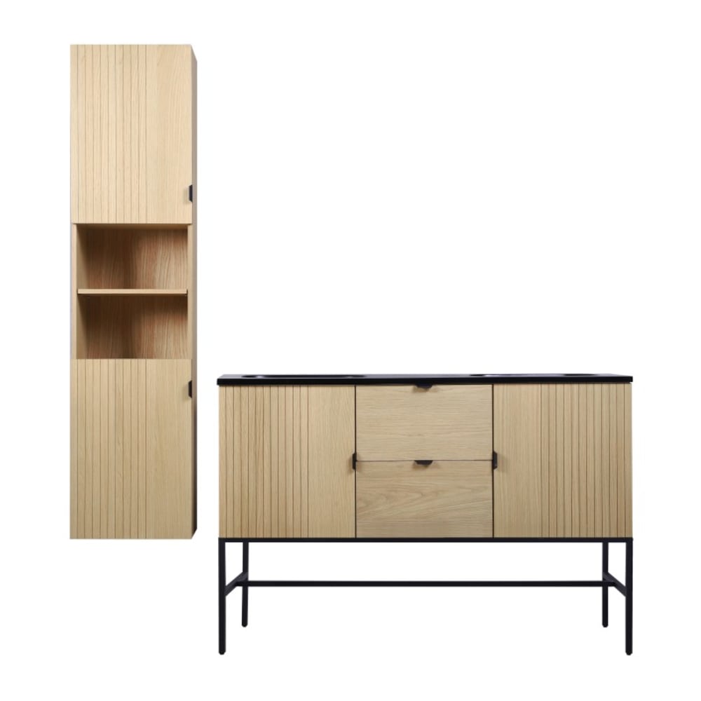 Meuble double vasque 140cm chêne sur pieds + colonne - Maisons du Monde
