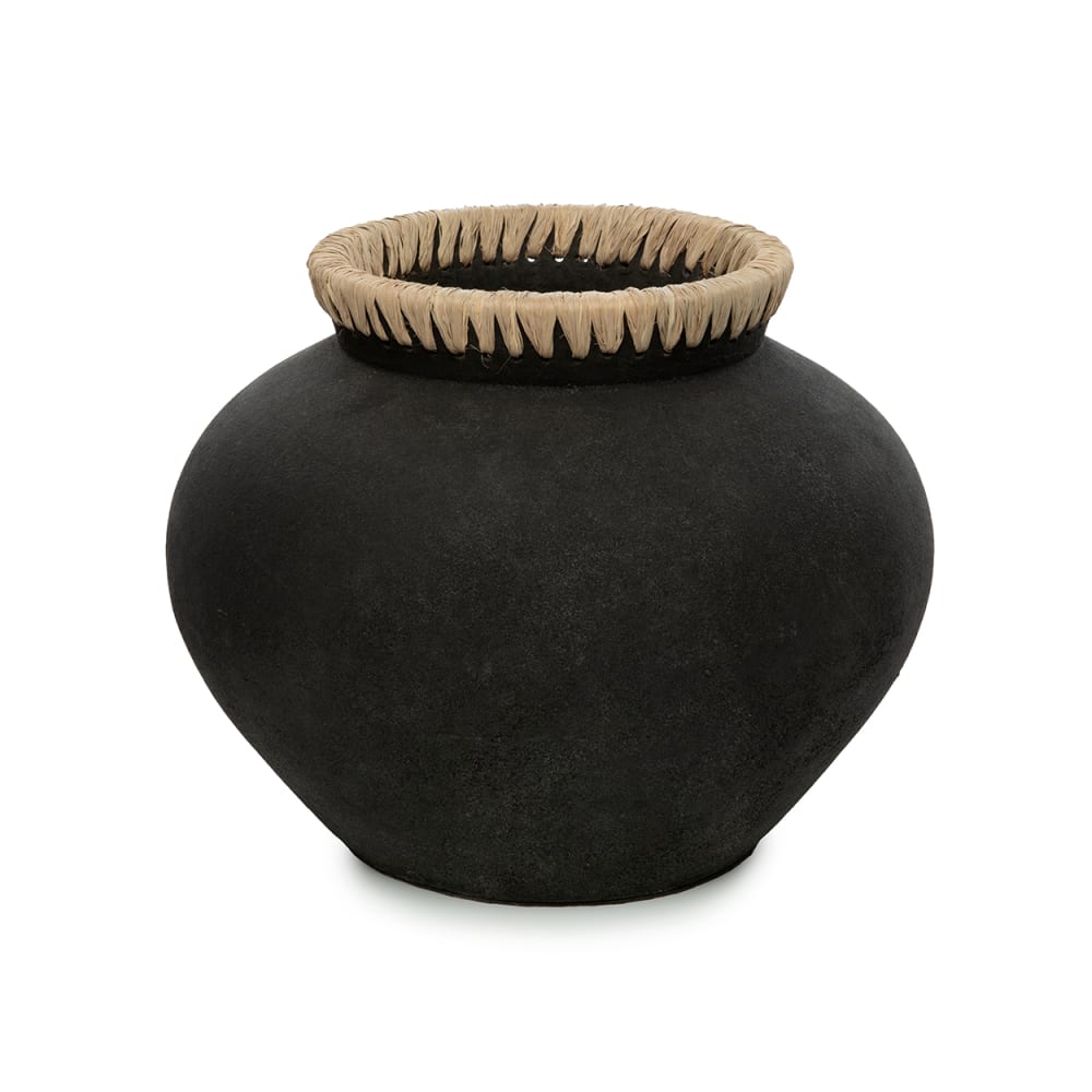 Vase terre cuite et raphia noir et marron 33x33x27cm