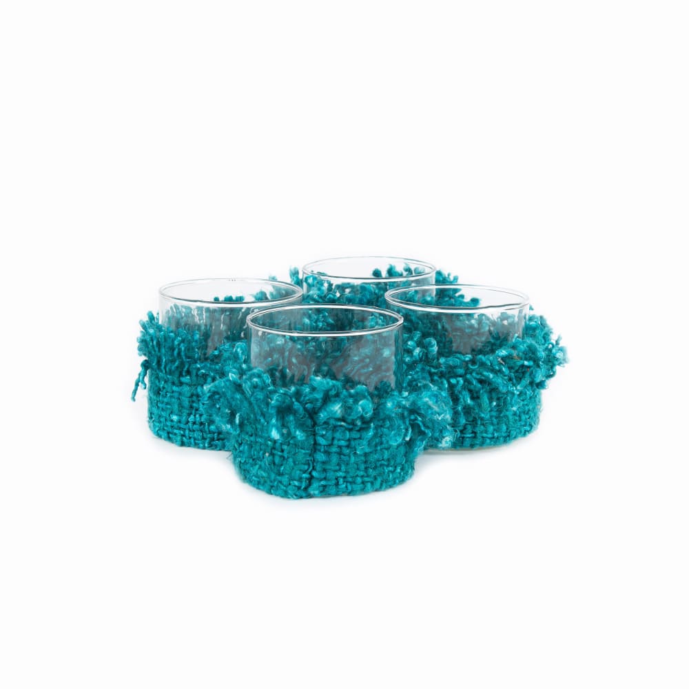 Bougeoir en verre et coton aqua set de 4