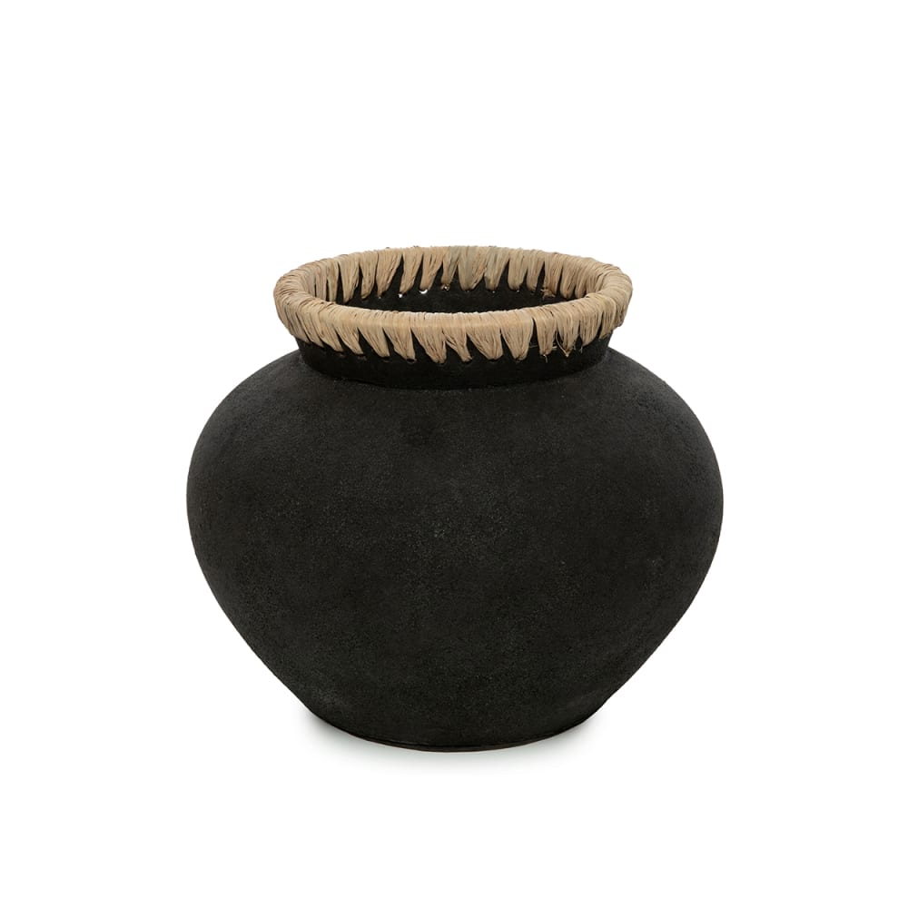Vase terre cuite et raphia noir et marron 29x29x23cm