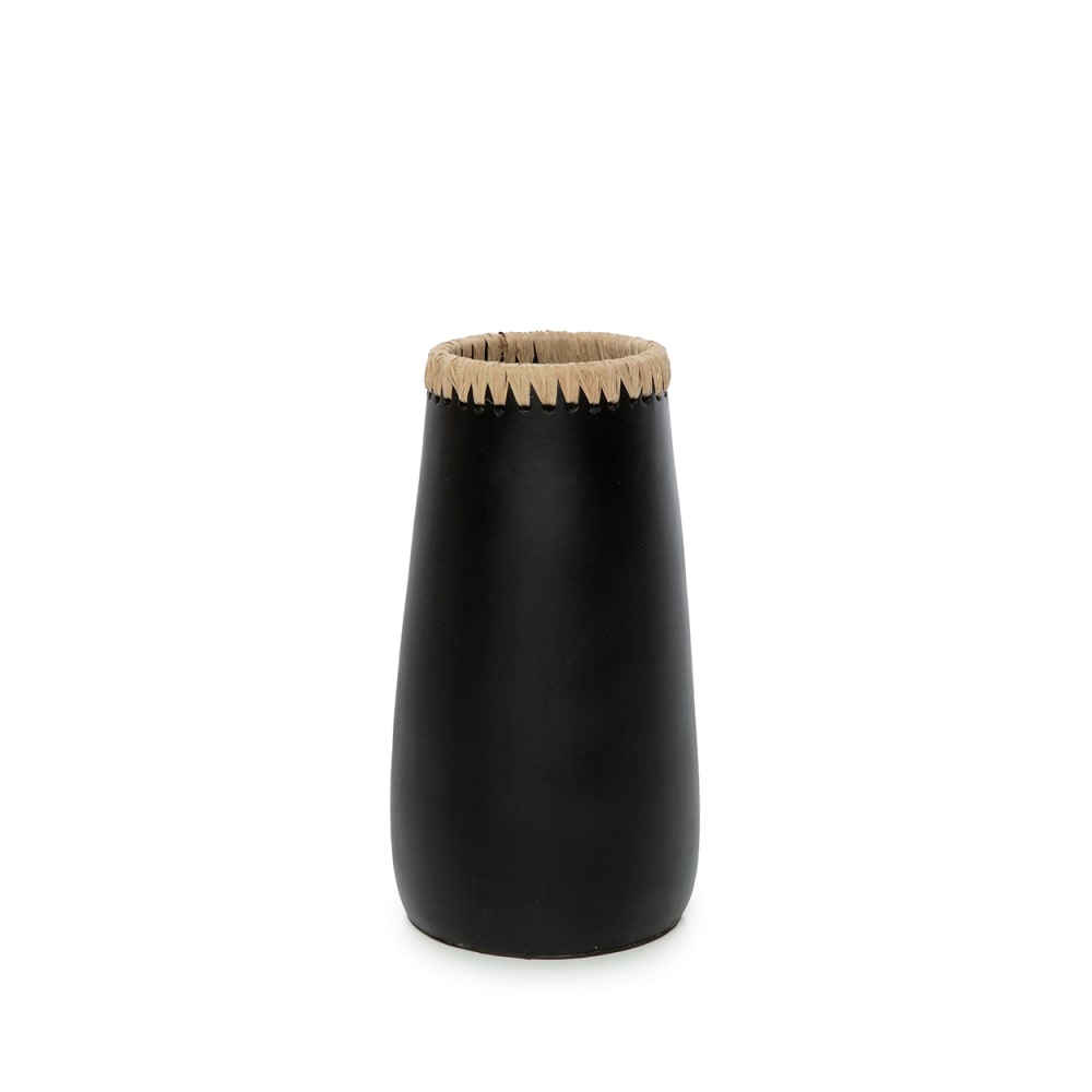 Vase terre cuite et raphia noir et marron 14x14x26cm