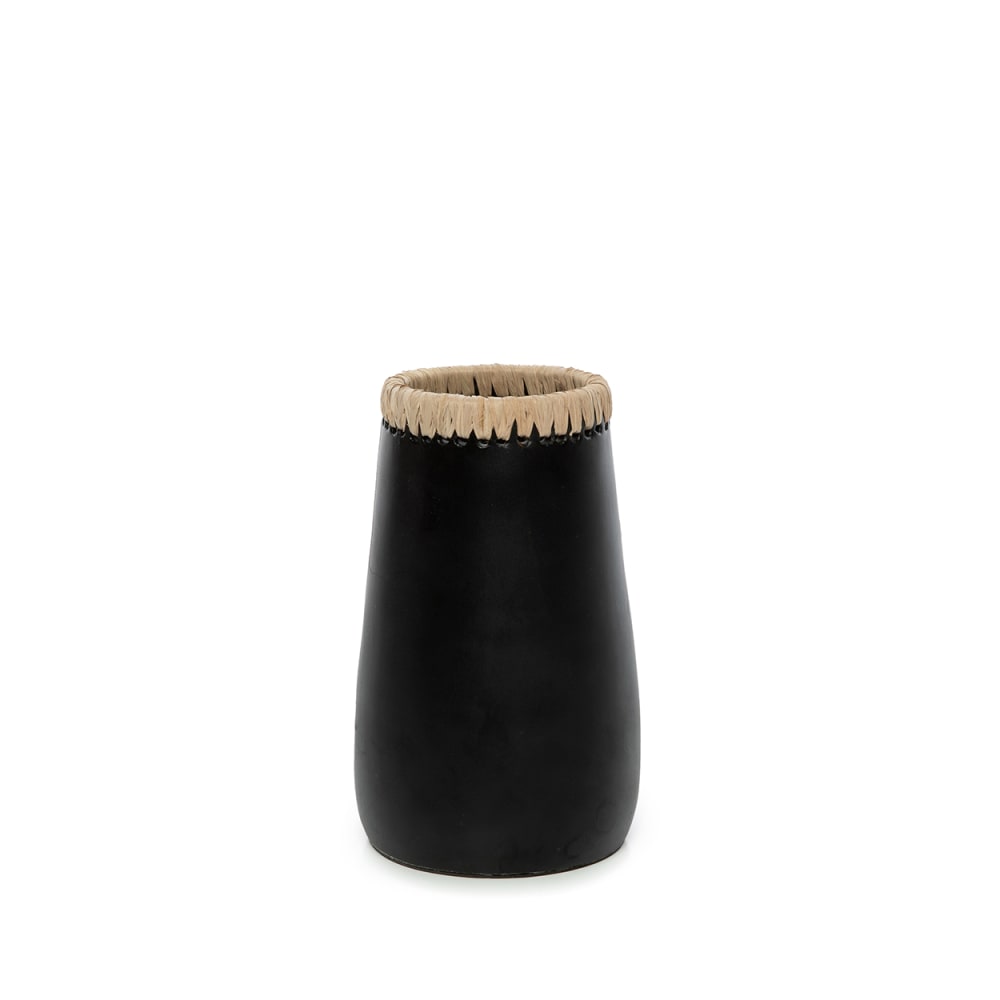 Vase terre cuite et raphia noir et marron 14x14x22cm