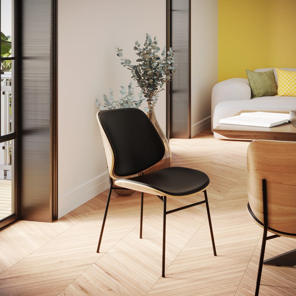 Maison Pavane Stuhl aus hellem Holz und schwarzem PU, Beine aus schwarzem Metall style vintage - Holz