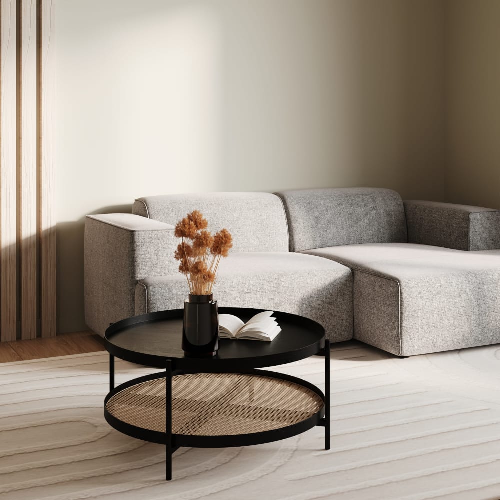 Table basse en cannage et bois de mindi noir D84 cm