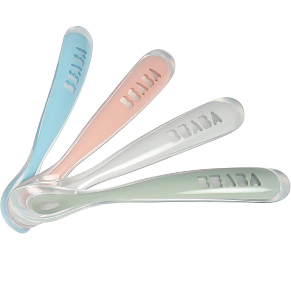 Lot de 4 cuillères en silicone 1er âge bleu rose et gris