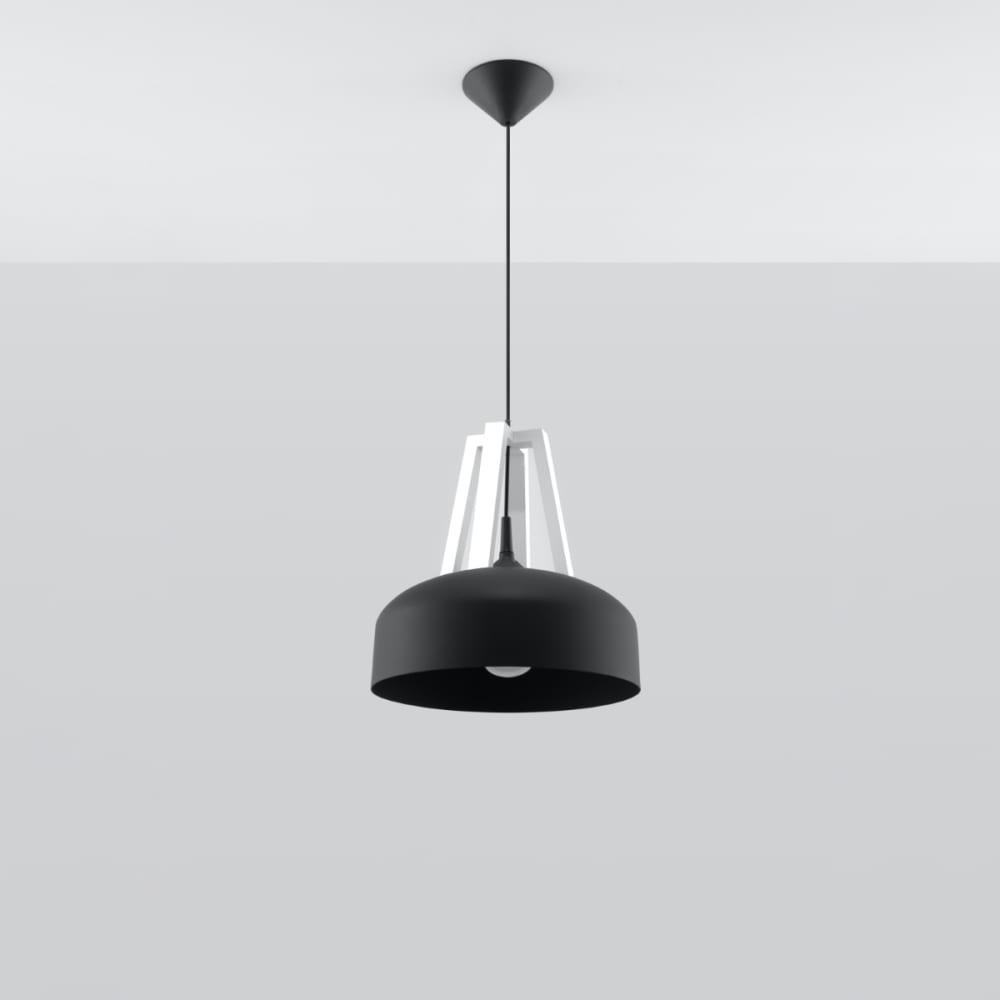 Lampada a sospensione nera bianca acciaio/legno - Sollux Lighting