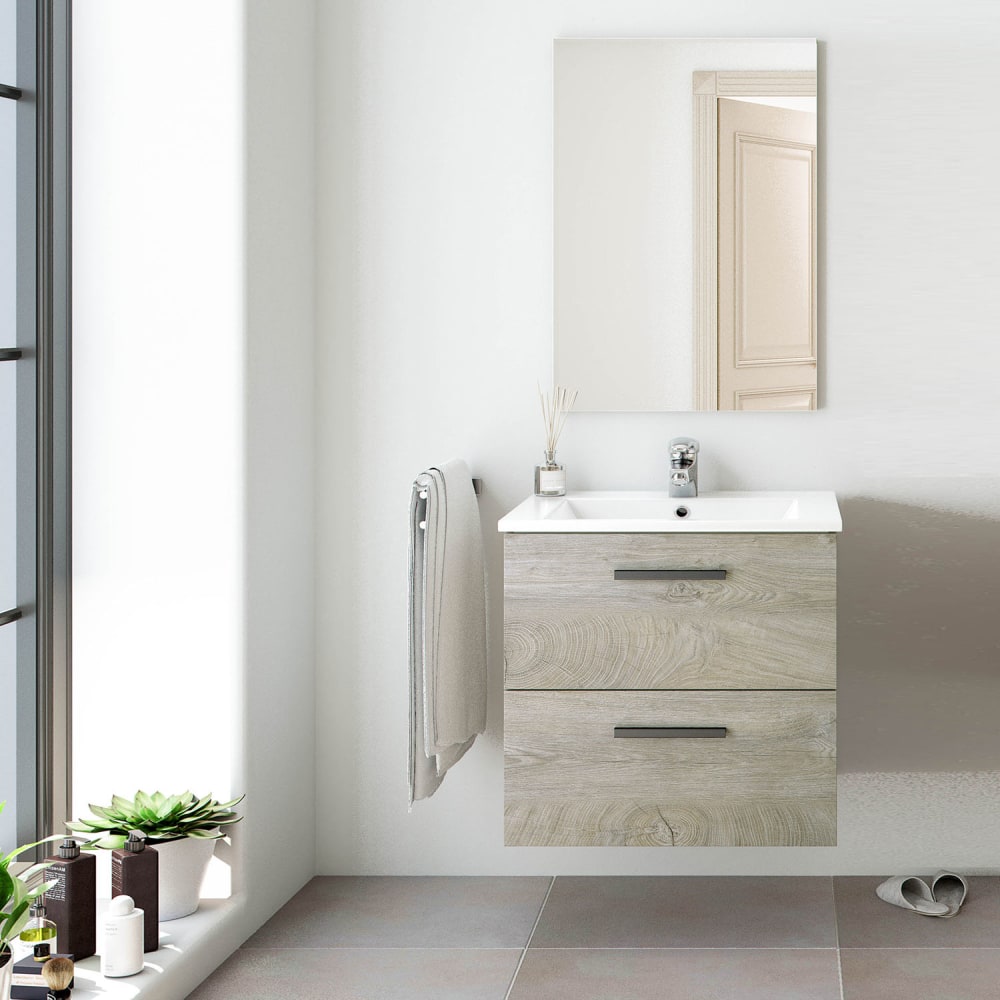 Mueble de baño suspendido 2 cajones, espejo y con lavabo, 60 cm - Maisons du Monde