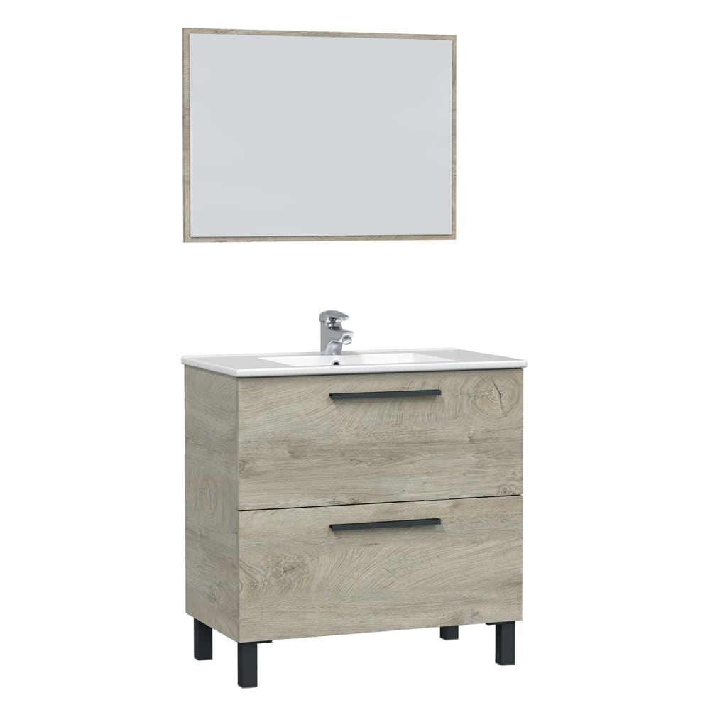 Mueble de baño 2 cajones, espejo y con lavabo cerámico, 80 cm