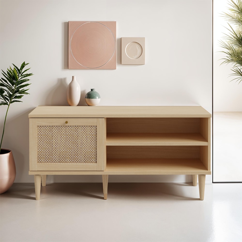 Meuble TV 1 porte en cannage et effet chêne 119 cm