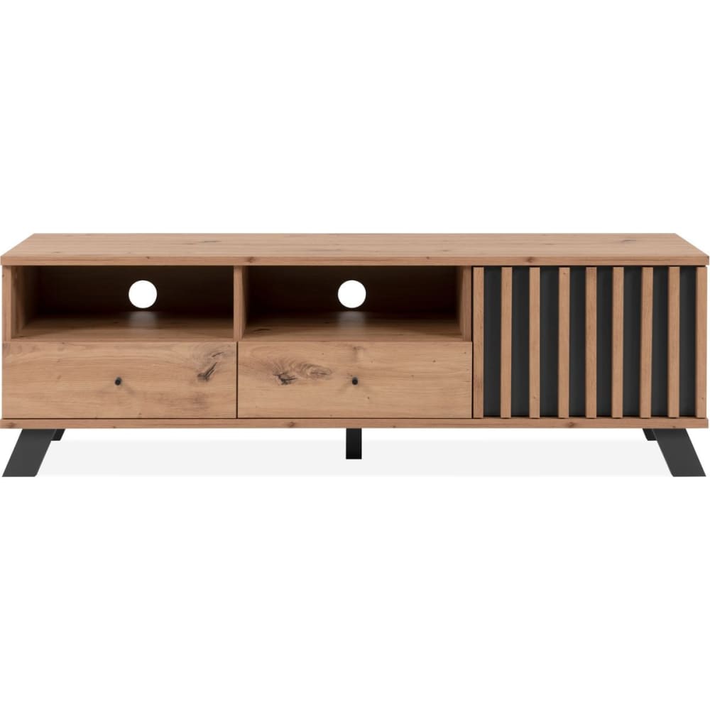 Meuble TV 1 porte 2 tiroirs effet chêne, piètement anthracite 138 cm