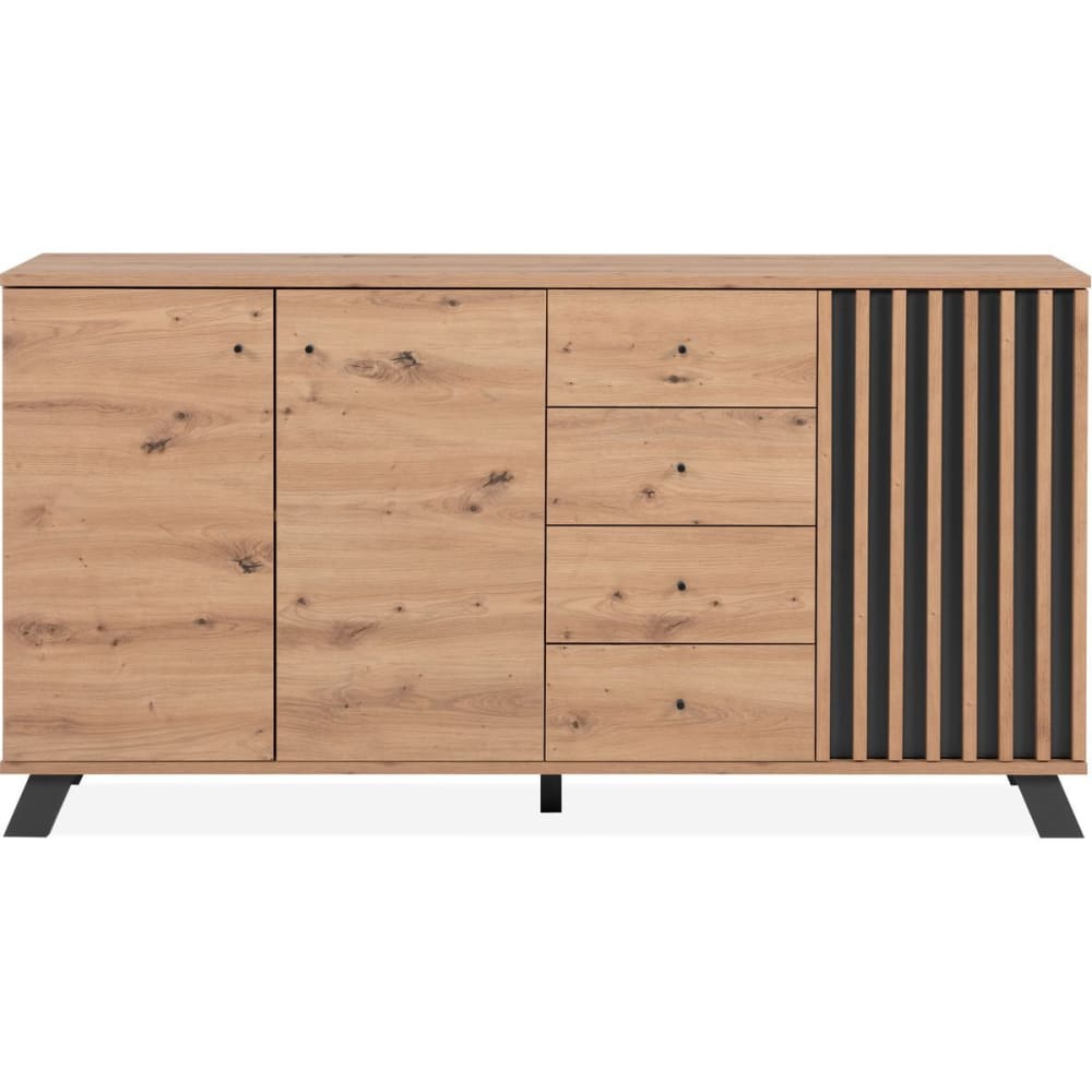 Buffet 3 portes 4 tiroirs effet chêne, piètement anthracite 160 cm