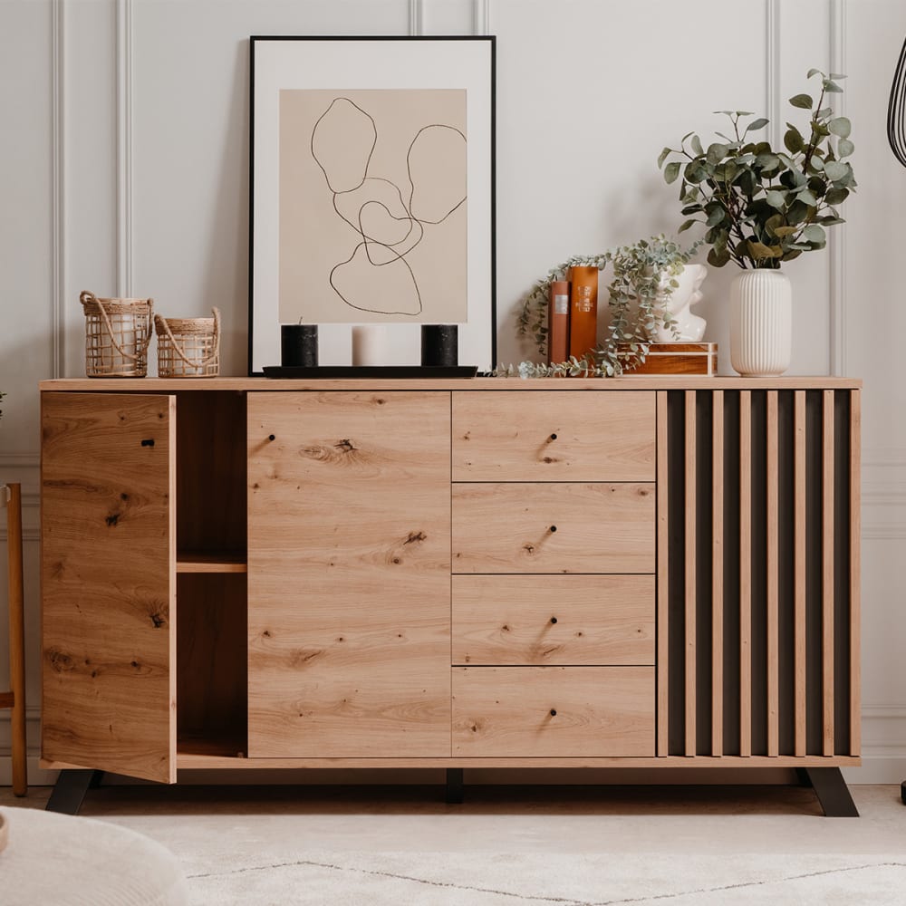 Buffet 3 portes 4 tiroirs effet chêne, piètement anthracite 160 cm - Maisons du Monde