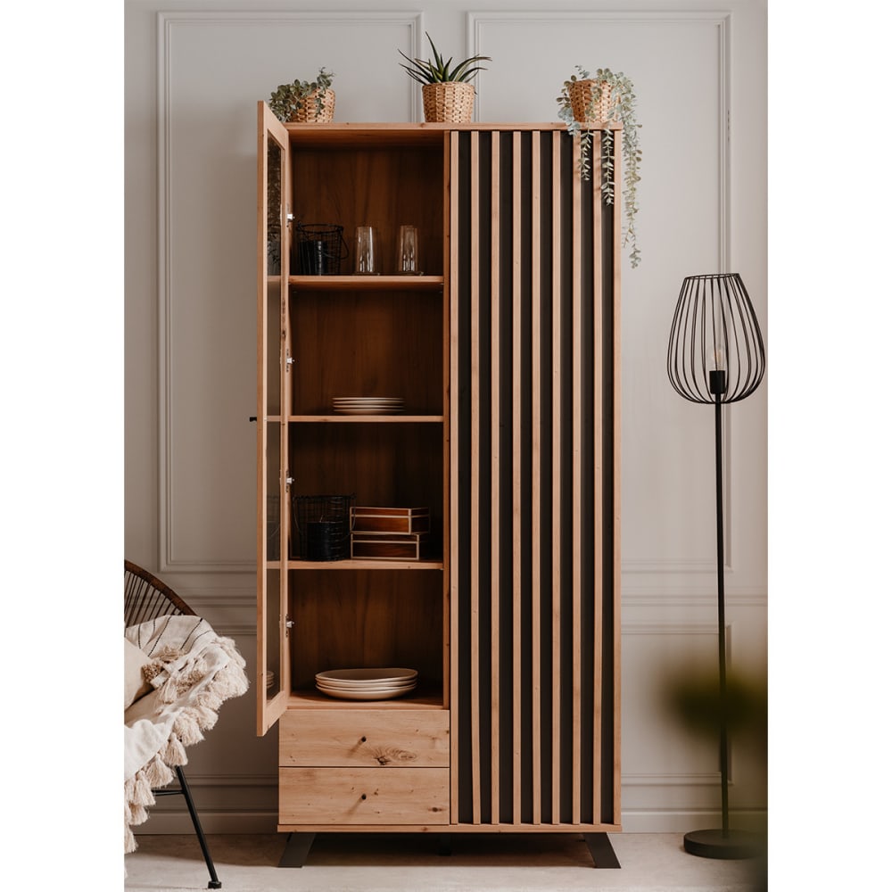 Vaisselier 2 portes 2 tiroirs effet chêne, piètement anthracite 92 cm