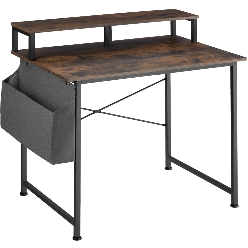 Bureau style industriel support écran et sac de rangement bois foncé