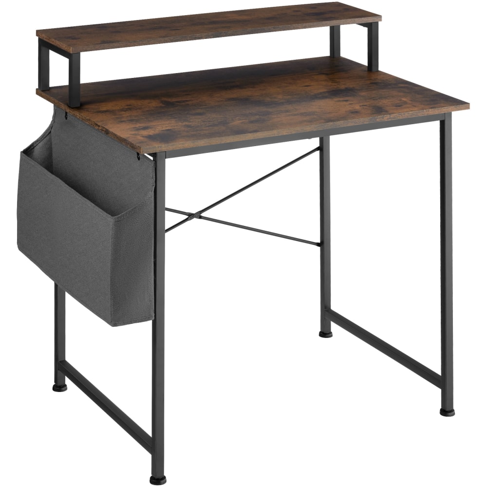 Bureau style industriel support écran et sac de rangement bois foncé