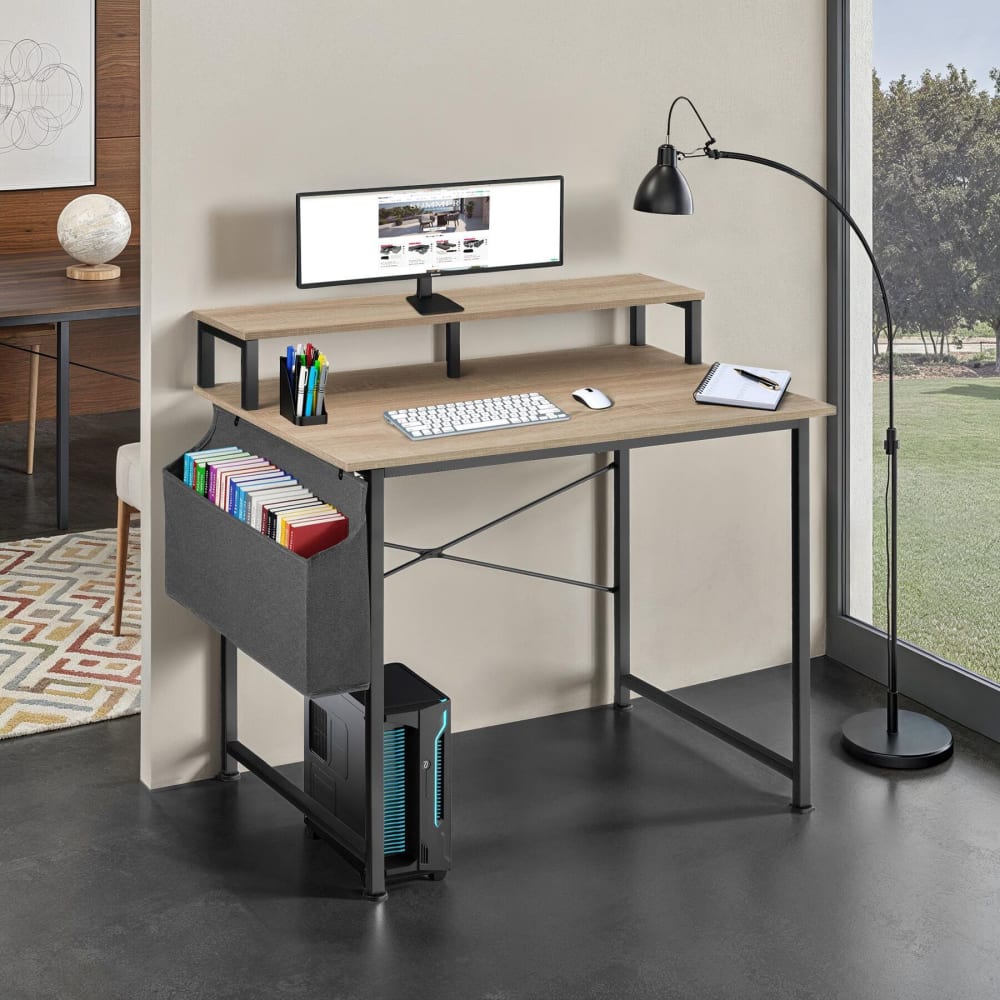 Bureau style industriel support écran et sac de rangement bois clair