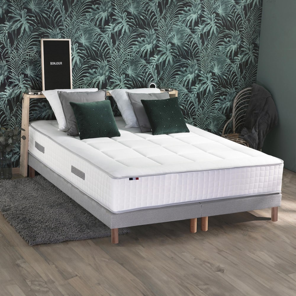 Idliterie Pack matelas hybride h28 sommier oreillers + couette 2x80x200 Gris Certifié Oeko-Tex Tissu