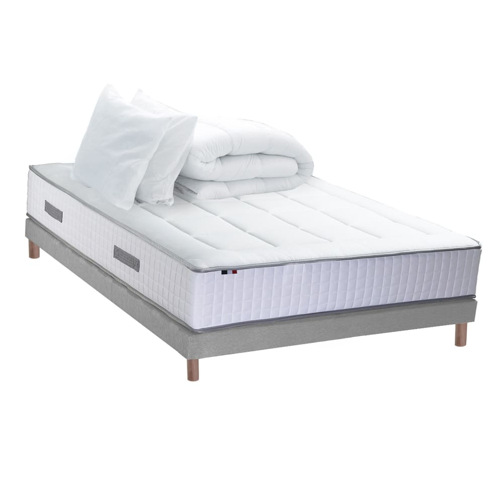 Pack matelas ressort 7 zones et sommier et oreiller couette 140x190