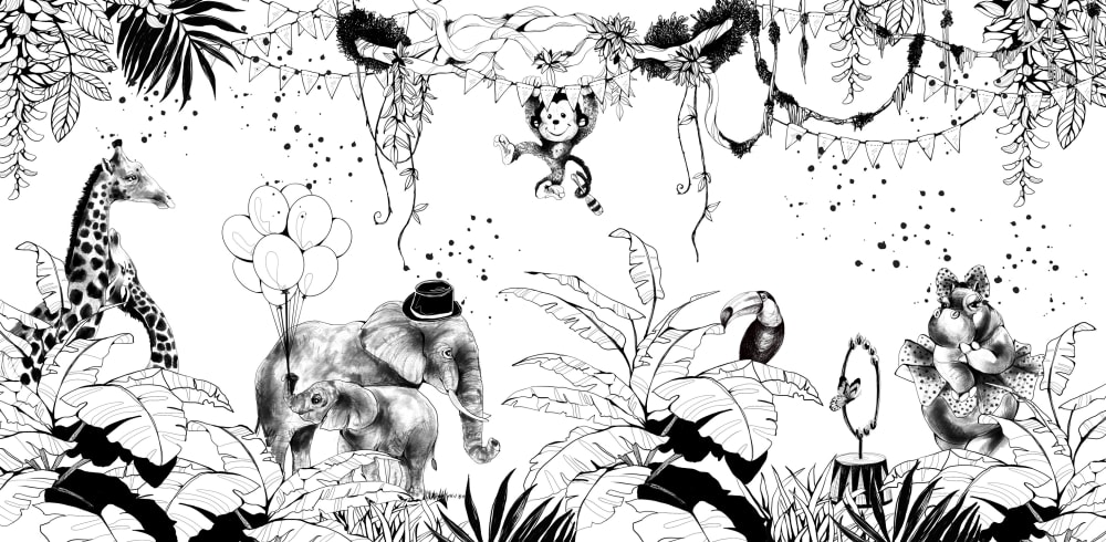 Papel pintado panoramico circo en la jungla, blanco y negro - Maisons du Monde