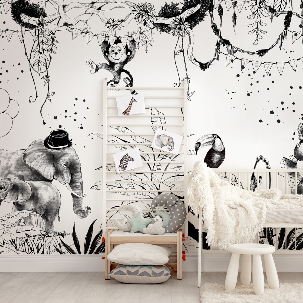 Papel pintado panoramico circo en la jungla, blanco y negro