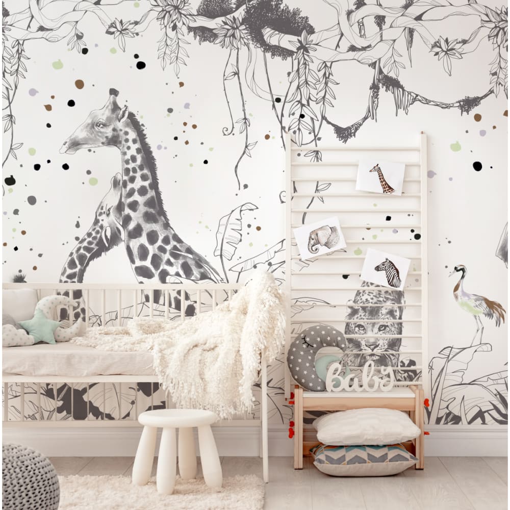 Papier peint panoramique enfant scènes girafes gris foncé 170x250cm-ma