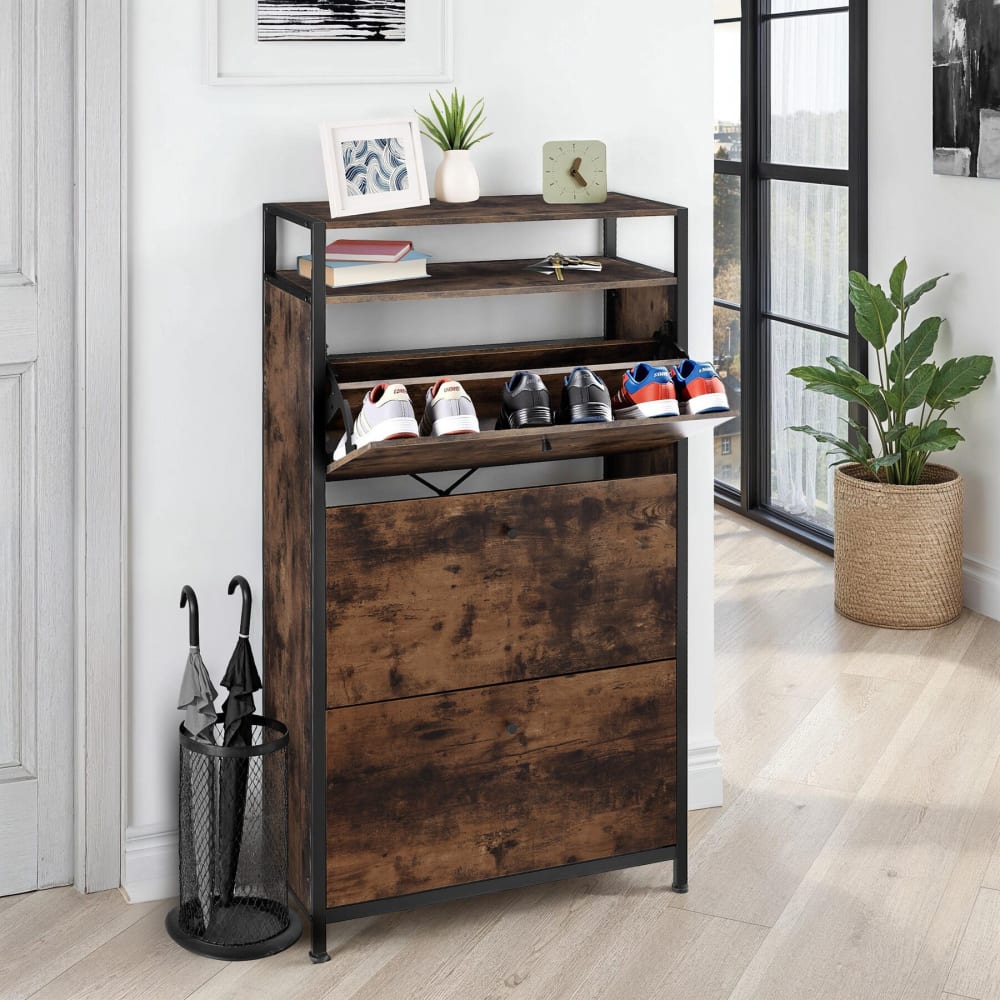 Scarpiera stile industriale in legno e acciaio marrone scuro - Marrone - Pannello di particelle